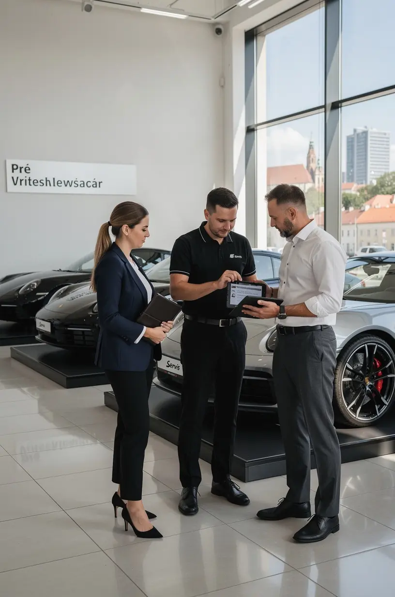 Technik kontroluje kvalitu a bezpečnosť po servisných úkonoch na luxusnom vozidle.