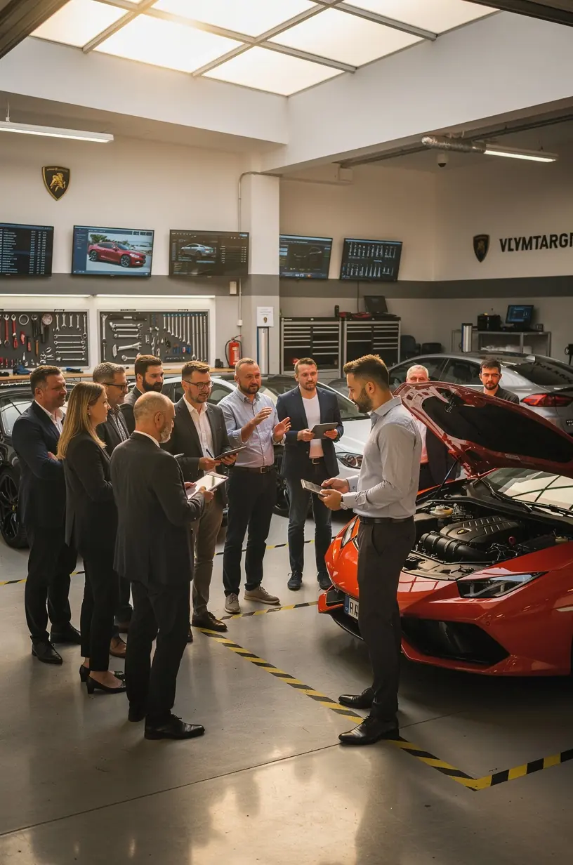 Detailný záber na opravu motora luxusného auta v špecializovanom servise na Slovensku.